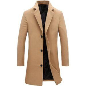 Mens Black Trench Coat Notched Lapel Single Breasted Long Peacoat Overcoat